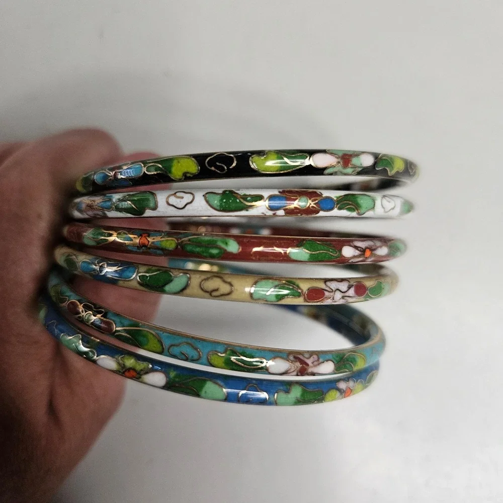 Vintage Cloisonne Enamel Floral Bangle Bracelets‎ Set of 6 Multicolor Stackable